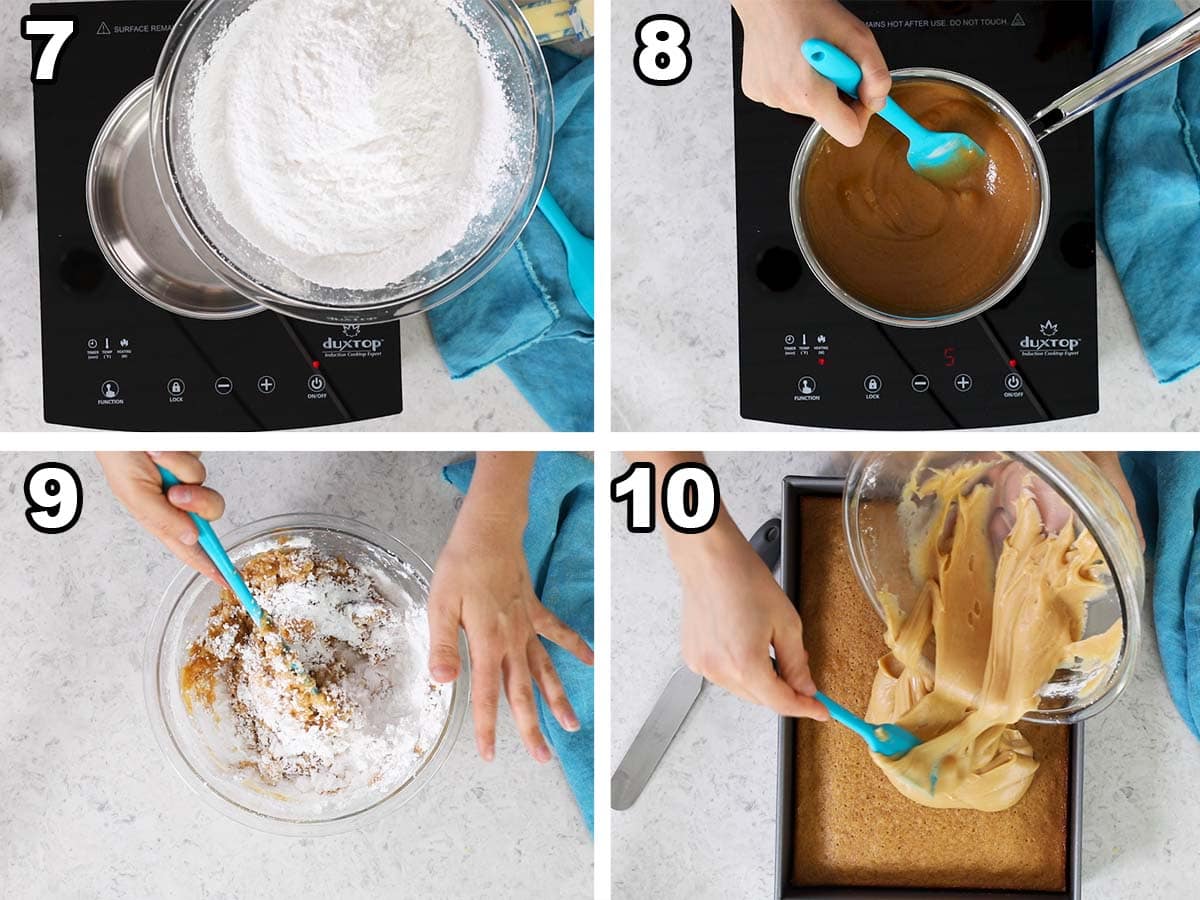 Collage of four photos showing peanut butter icing being prepared and spread onto a sheet cake.