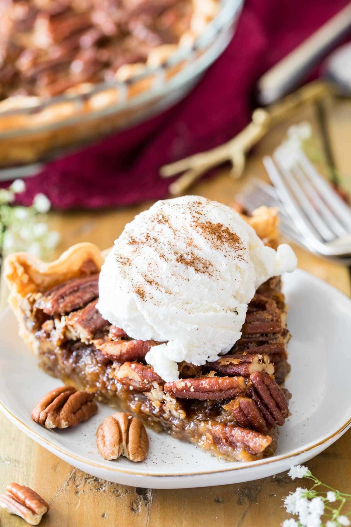 Slice of pie topped with vanilla ice cream and cinnamon.