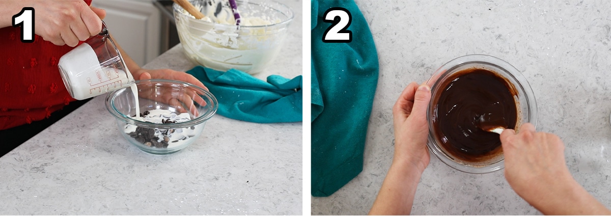 Two photos showing chocolate ganache being prepared for a cake.