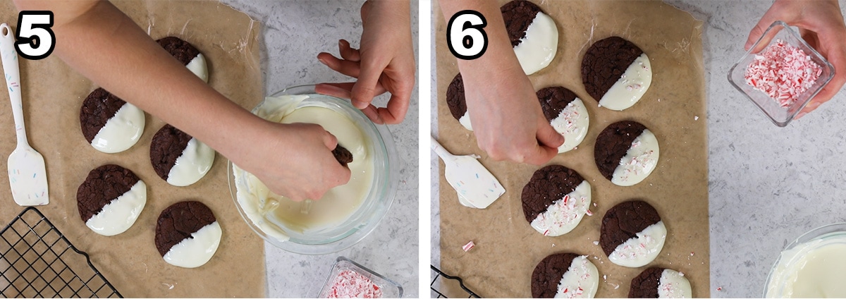 Collage of two photos showing chocolate cookies being half dipped in white chocolate and sprinkled with crushed peppermint candy.