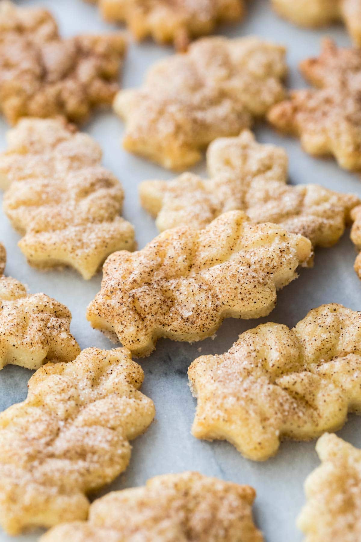 close-up view of leaf shaped pie crust cookies dusted with cinnamon sugar