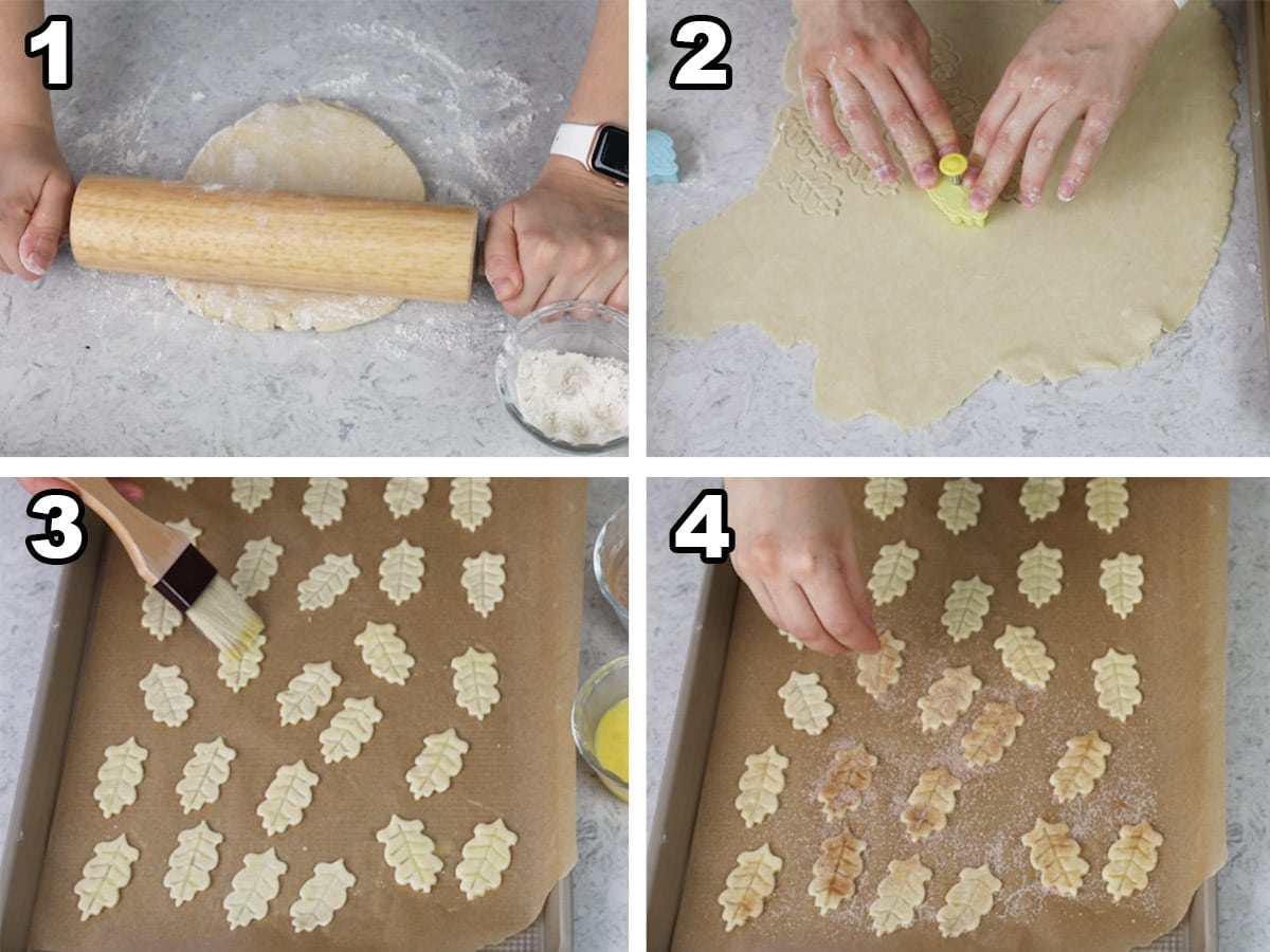 Collage of four photos showing how to make pie crust cookies