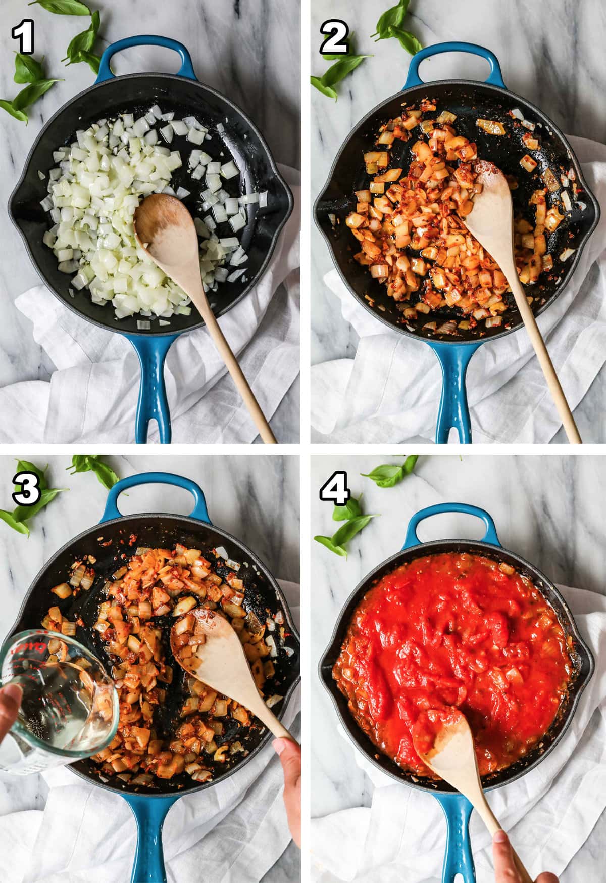 4 photo collage of pink pasta sauce being made, garlic, paste, wine and tomatoes added