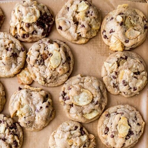 overhead view of potato chip cookies on a parchment lined sheet