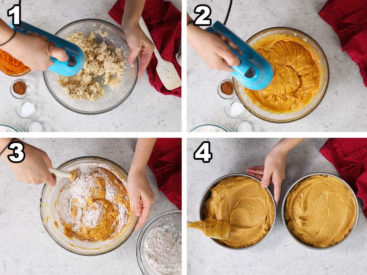 Collage of four photos showing cake batter being prepared and poured into two pans.
