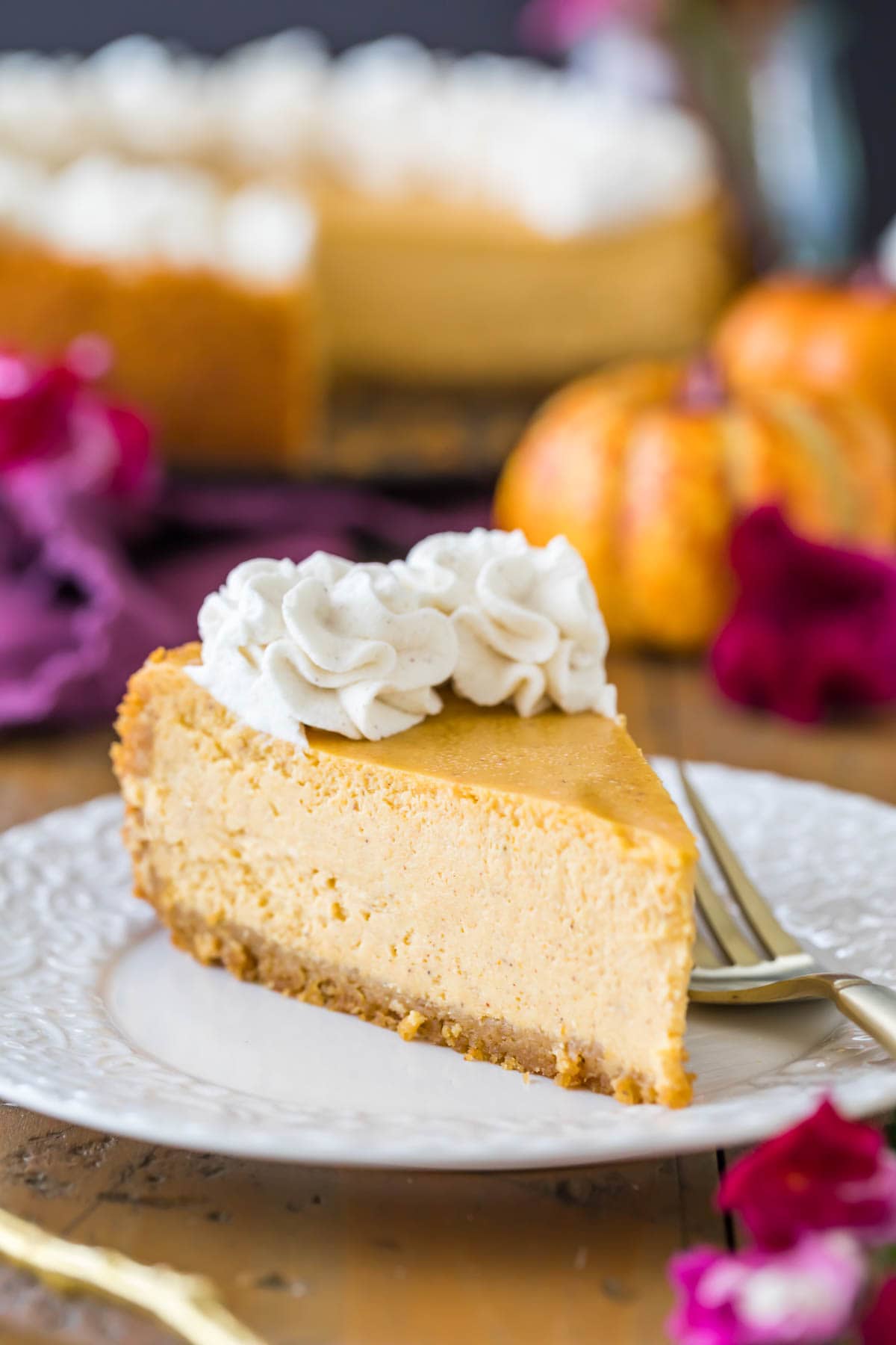 Slice of pumpkin cheesecake topped with cinnamon whipped cream on a white plate.