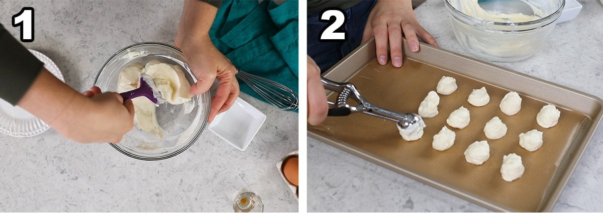 Two photos showing cheesecake dollops being portioned onto a cookie sheet.