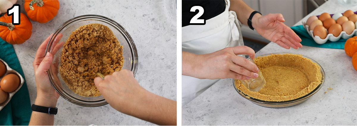 Two photos showing a graham cracker crust being prepared and pressed into a glass pie plate.