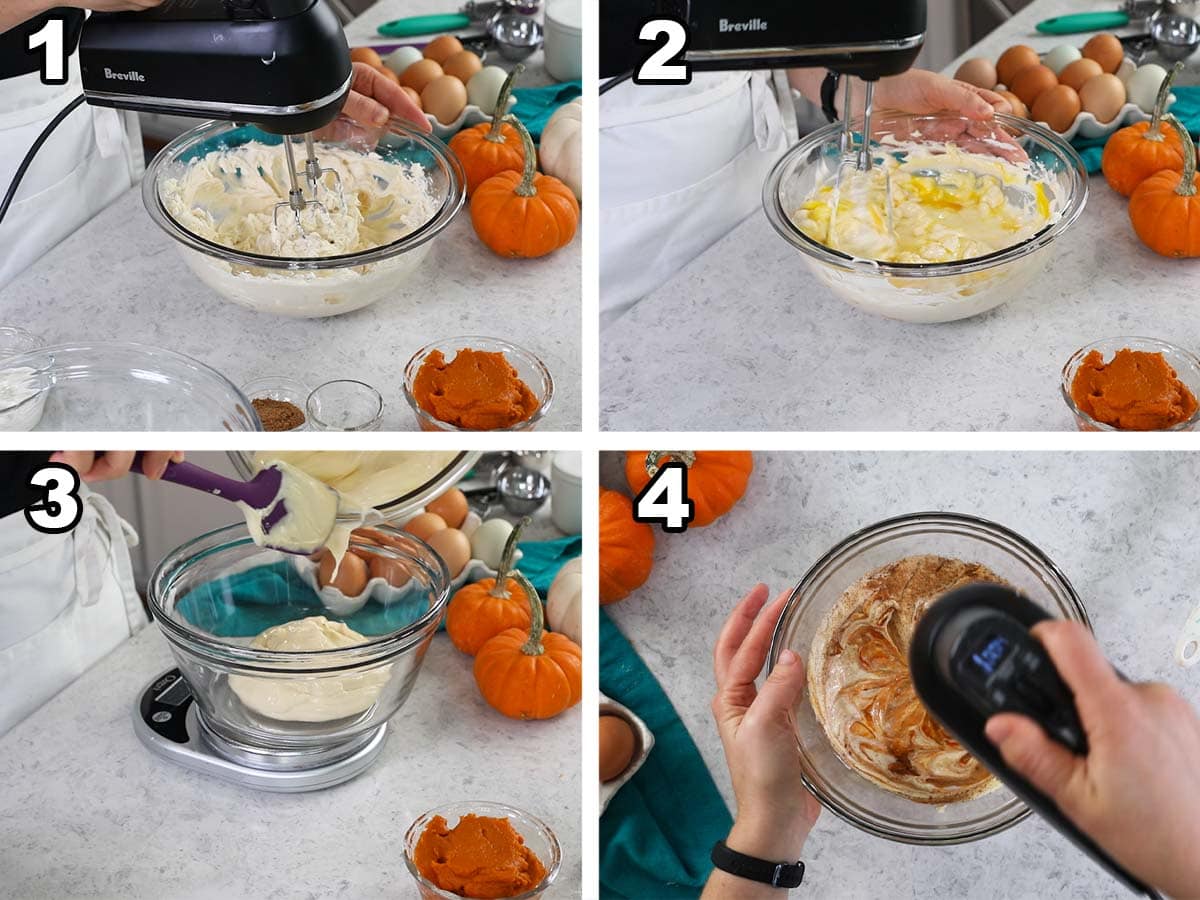 Four photos showing cheesecake batter being prepared, divided, and combined with pumpkin puree.