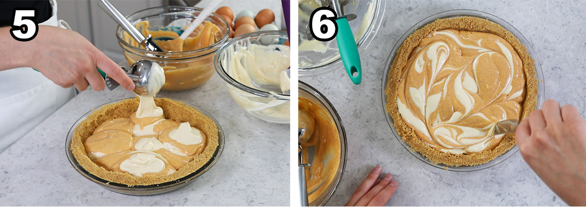 Two photos showing pumpkin cheesecake batter and plain cheesecake batter being dolloped into a graham cracker crust and swirled together before baking.