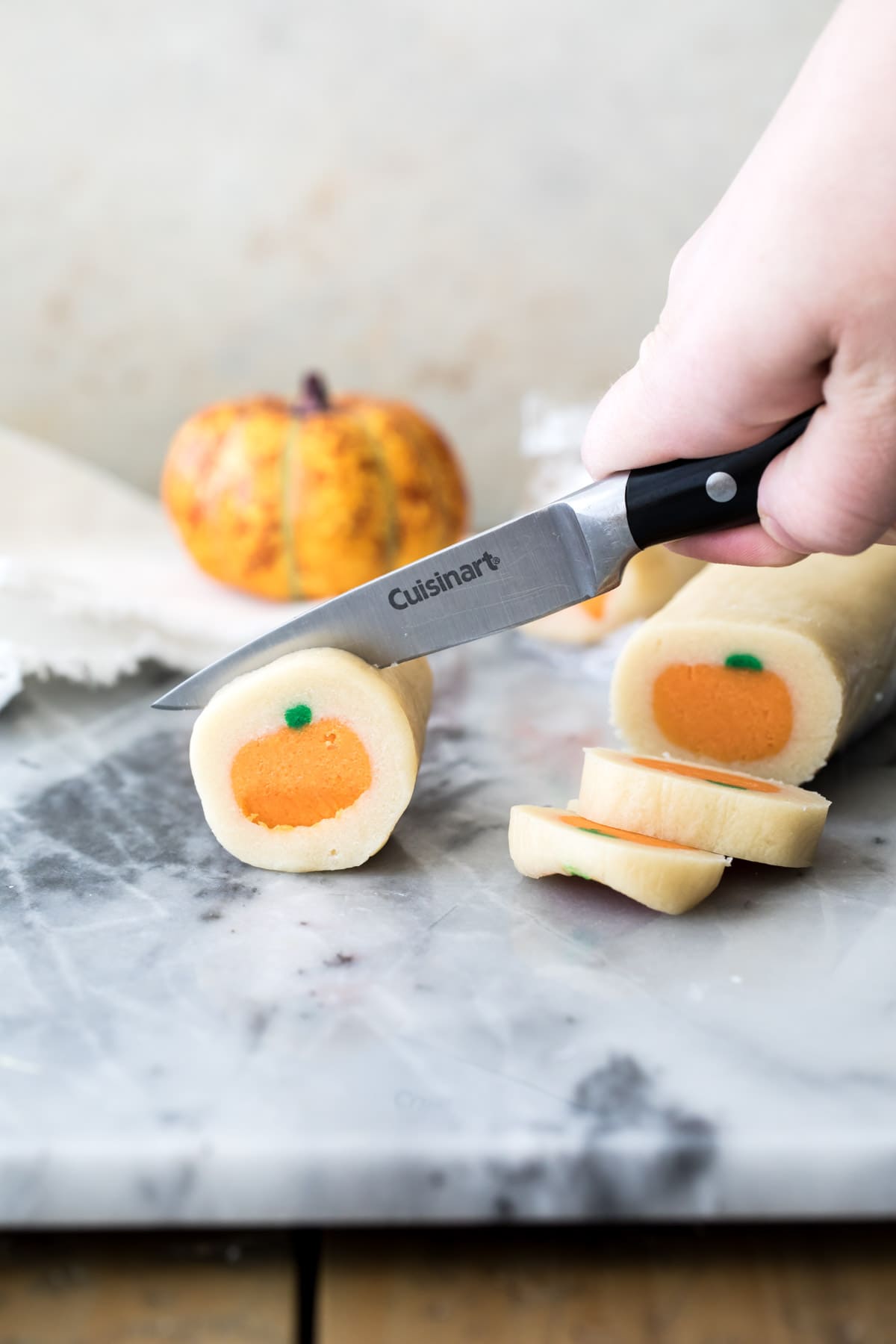 slicing a log of pumpkin sugar cookie dough