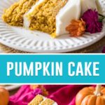 collage of pumpkin cake, top image of close up of single slice of cake with bite taken out, bottom image of slice of cake further away