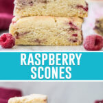 collage of raspberry scones, top image of three scones stacked, bottom image of scones on marble slab