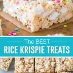 collage of rice krispie treat, top image close up of single square, bottom image of multiple squares cut