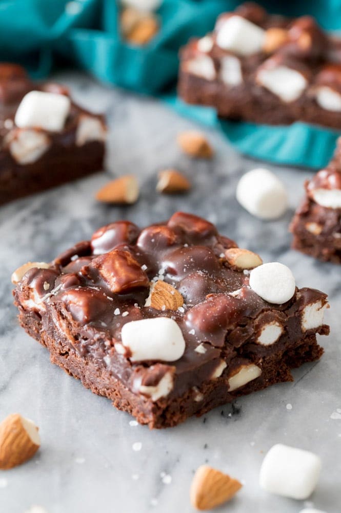 Slice of Rocky Road Brownies on marble