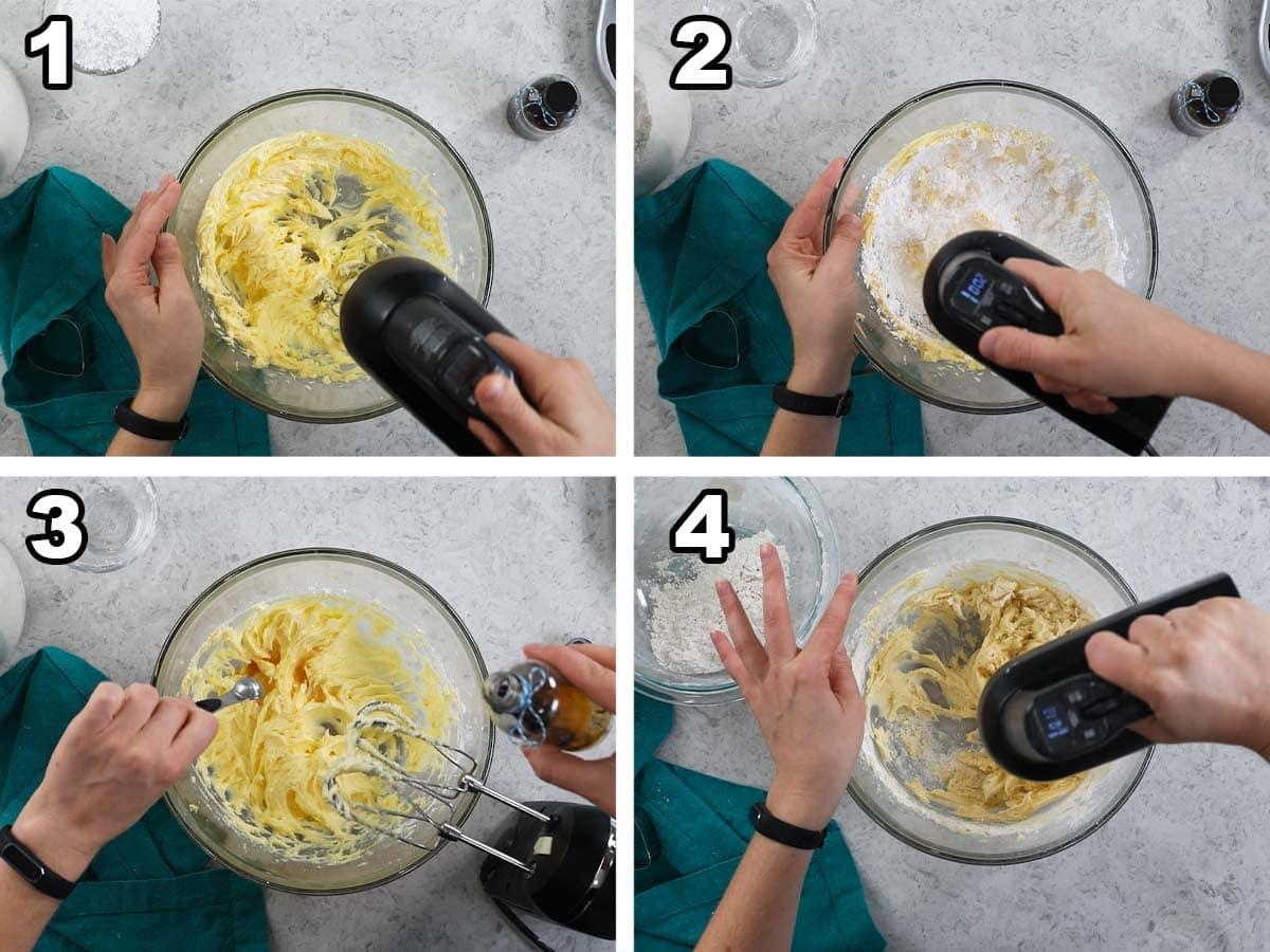 Collage of four photos showing shortbread cookie dough being prepared.