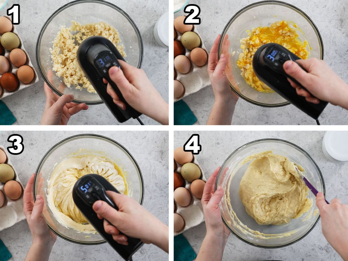 Collage of four photos showing batter being prepared for coffee cake.