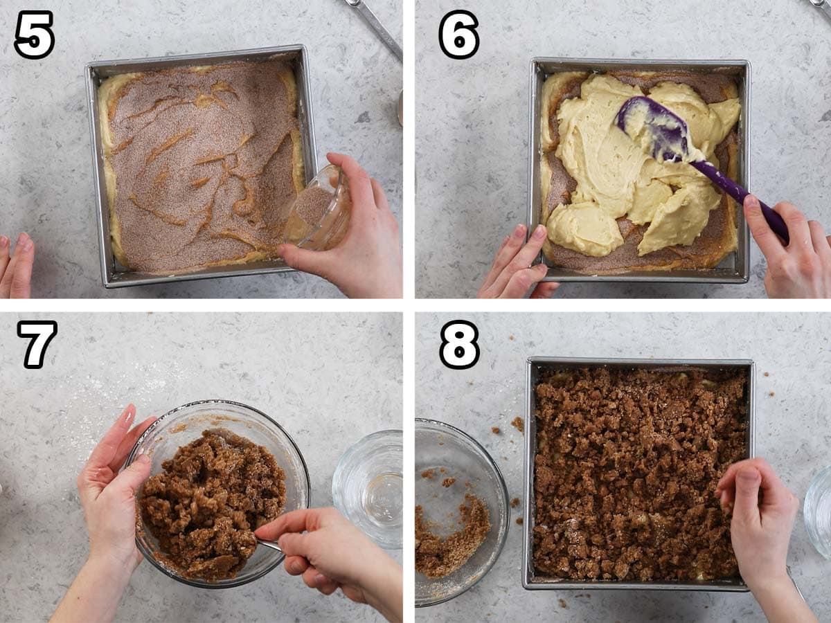 Four photos showing a cinnamon ripple and streusel topping being added to coffee cake before baking.