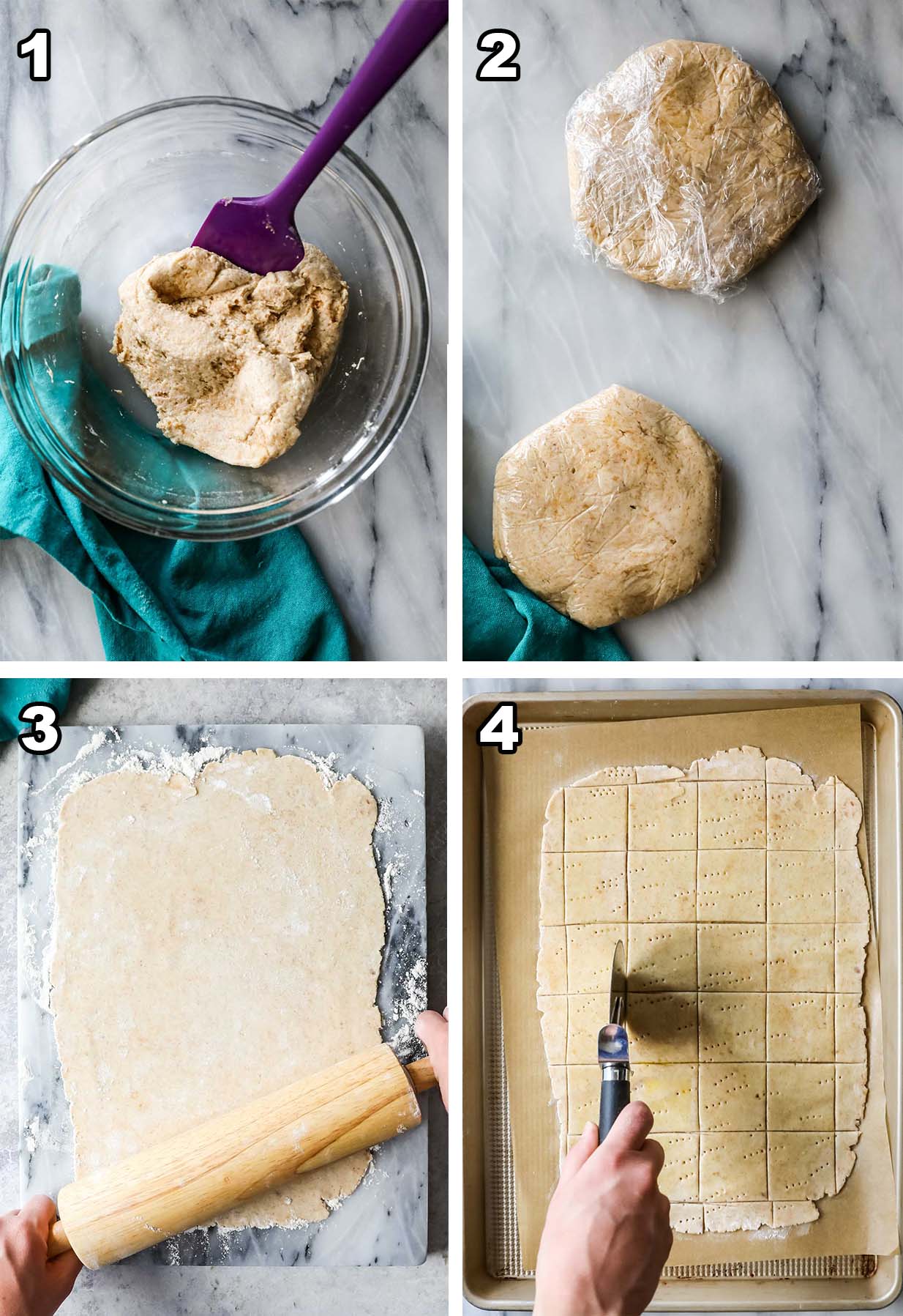 Collage of four photos showing dough being prepared, rolled, and cut into crackers.