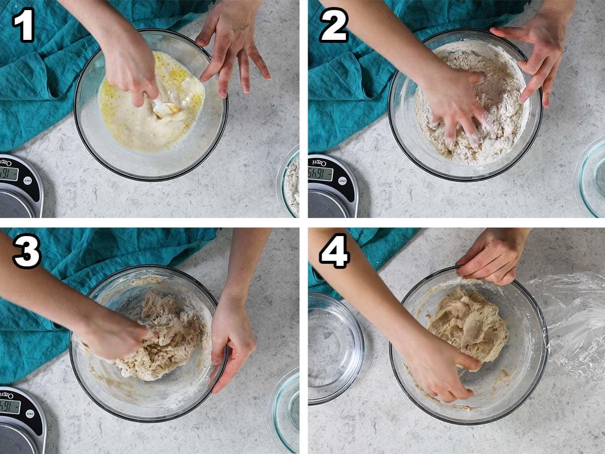 Collage of four photos showing dough being formed in a bowl.