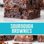 collage of sourdough brownies, top image of three brownies stacked and photographed close up, bottom image of multiple brownies nicely placed and spread out on slab