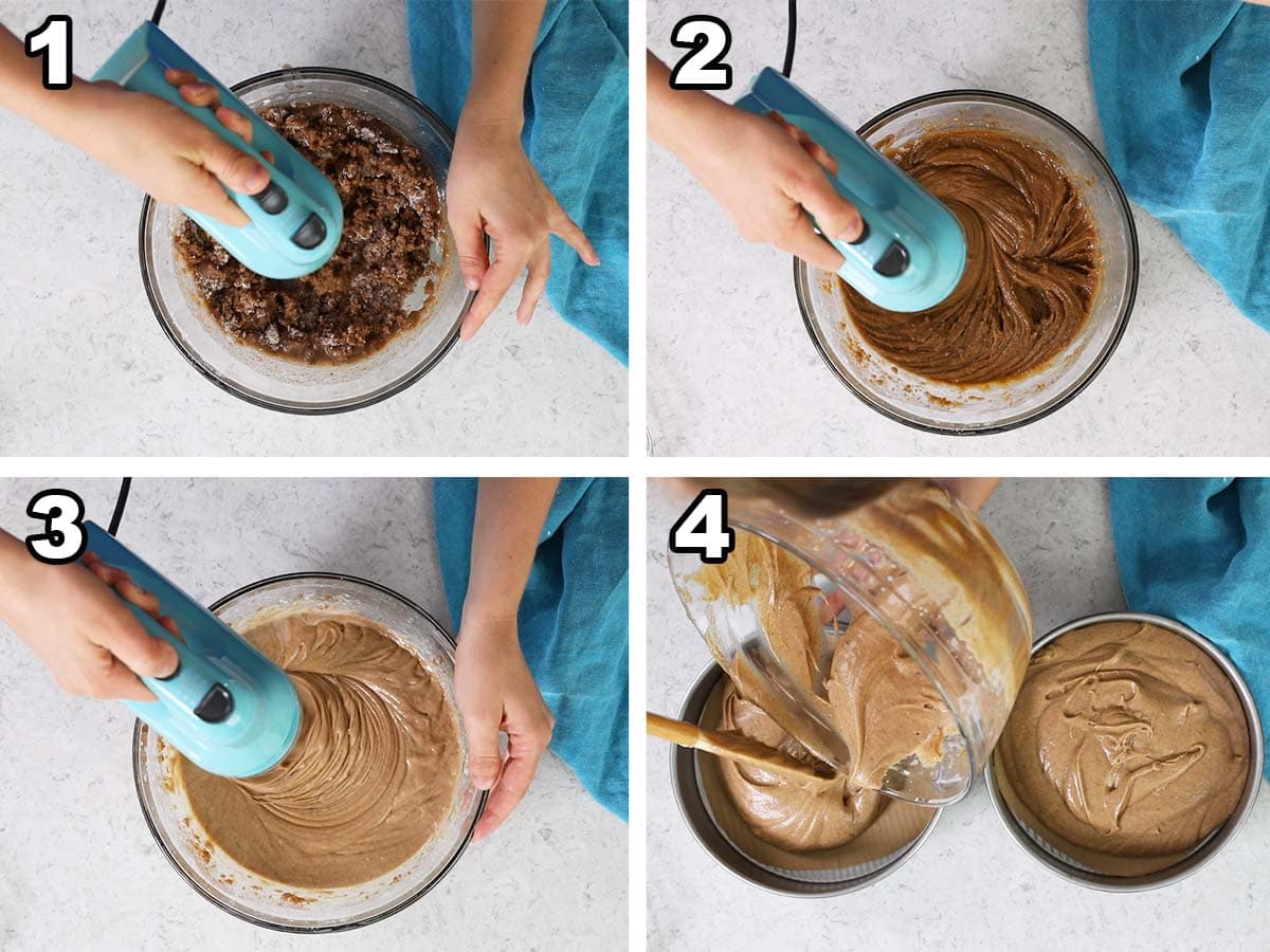 Collage of four photos showing cake batter being prepared and spread into two pans.