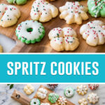 collage of spritz cookies, top image is close up of decorated cookies on wood tray, bottom image taken of same image from above
