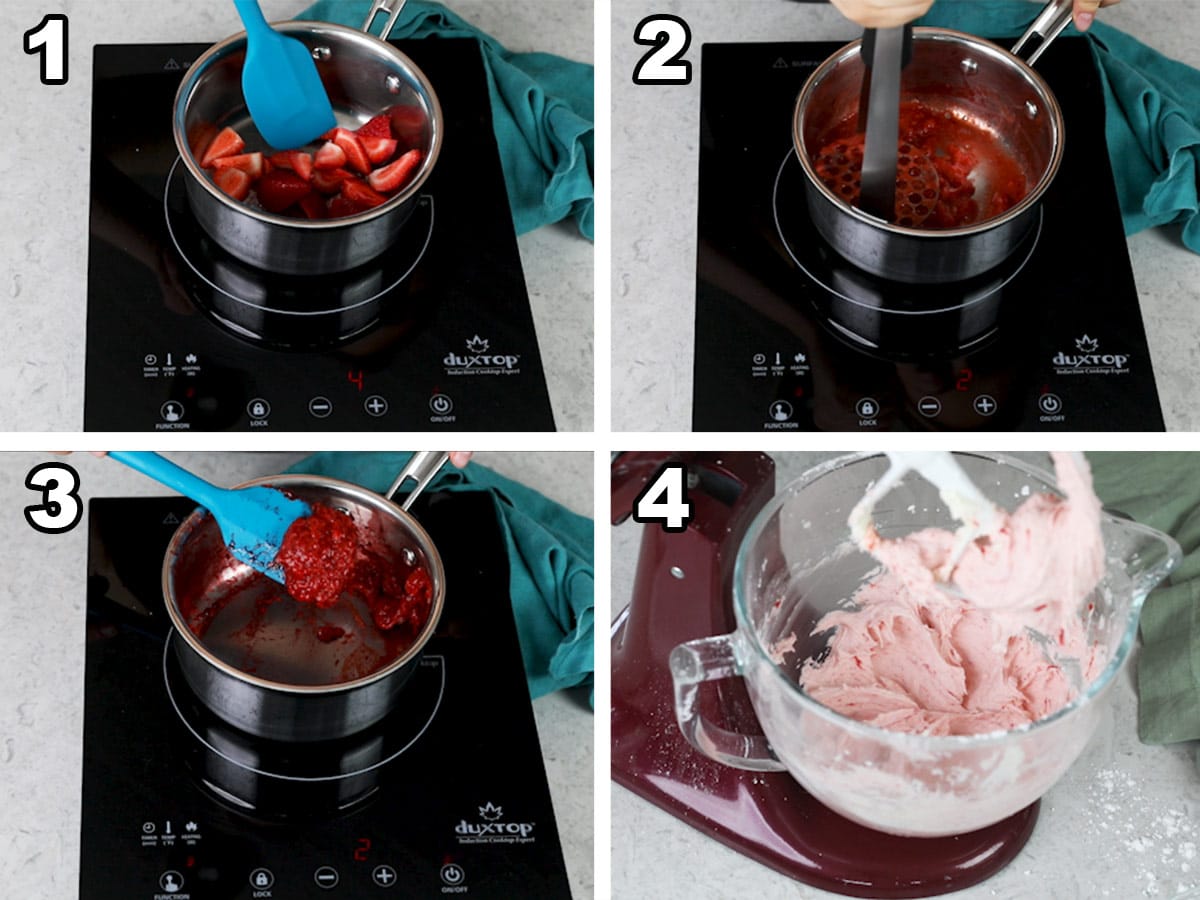 Collage with four photos showing how to make strawberry buttercream using fresh strawberries