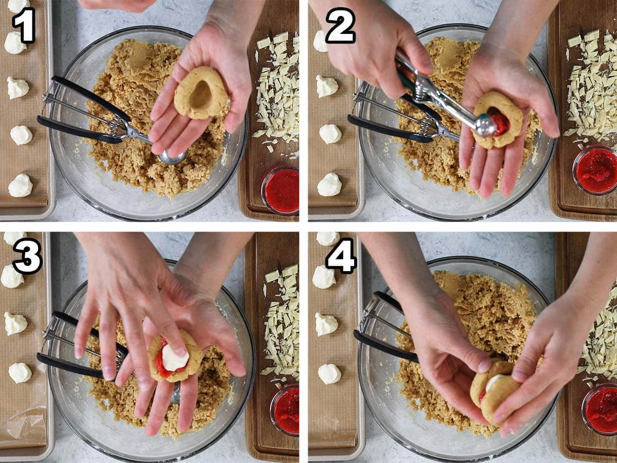 Collage of four photos showing cookie dough being indented and filled with strawberry jam and frozen cream cheese.