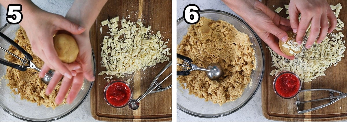 Collage of two photos showing a cookie ball being rolled and topped with white chocolate bits.