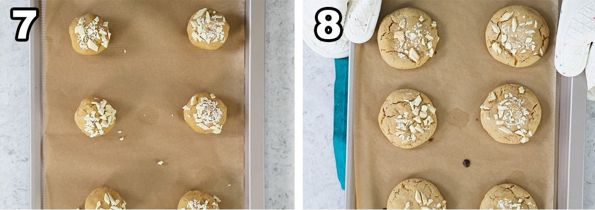 Collage of two photos showing white chocolate topped cookies before and after baking.