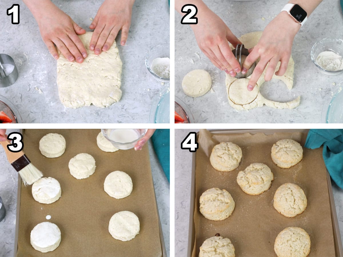 Pressing down shortcake dough, cutting out dough with biscuit cutter, topping the biscuits with sugar, baking the biscuits.