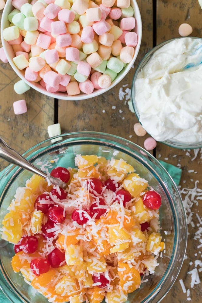 Ambrosia salad ingredients in bowls