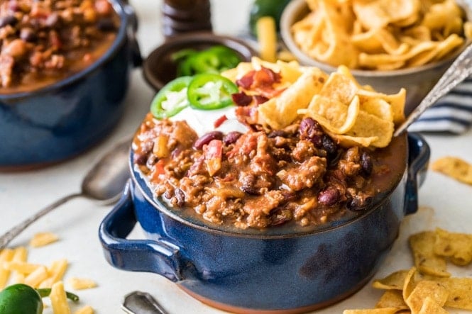 Chili in bowl with tortilla strips