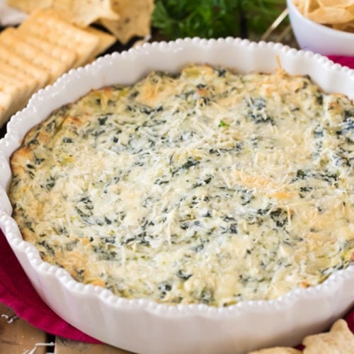 artichoke dip in white pie plate