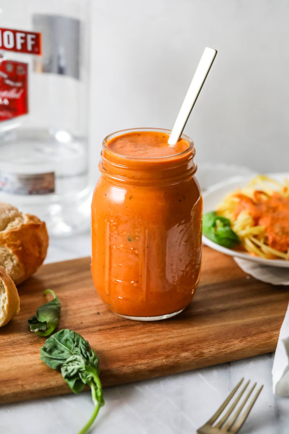 Glass jar of homemade vodka sauce.