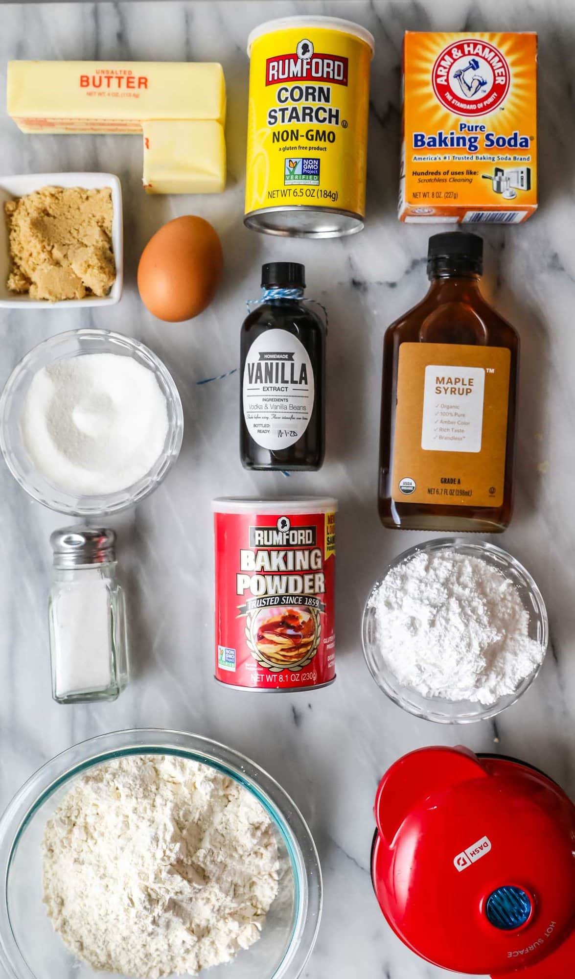 Overhead view of ingredients including maple syrup, corn starch, brown sugar, and more.