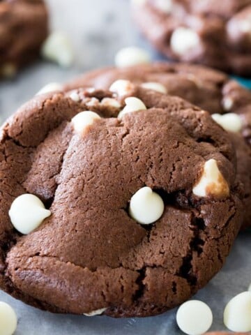 Inside out chocolate chip cookies made with chocolate cookie dough and white chocolate chips.