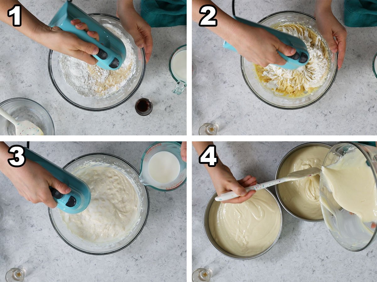 collage of four photos showing cake batter being prepared and poured into two pans